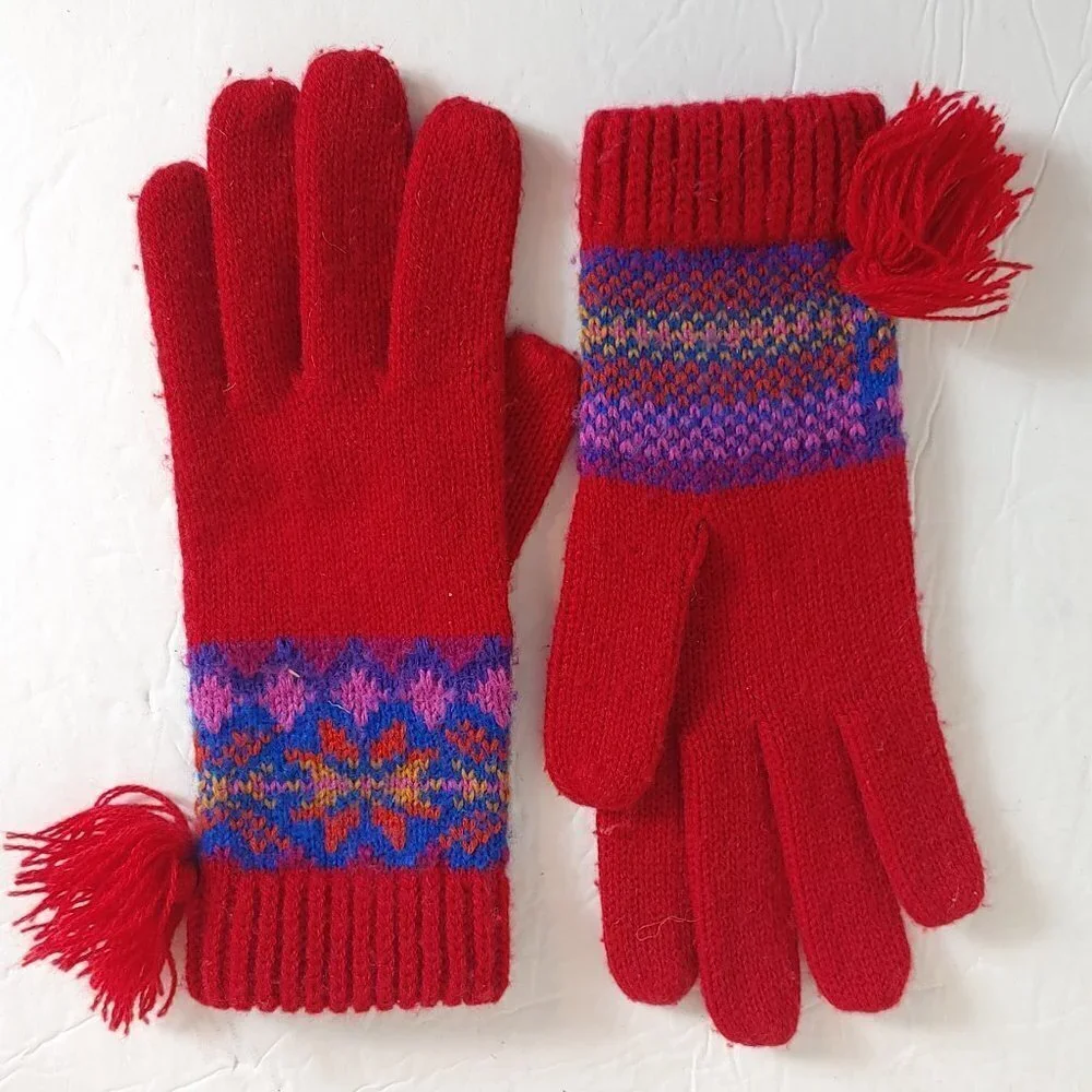 Vintage Fair‎ Isle Gloves Knit Pom Pom Adult Boho Red Purple